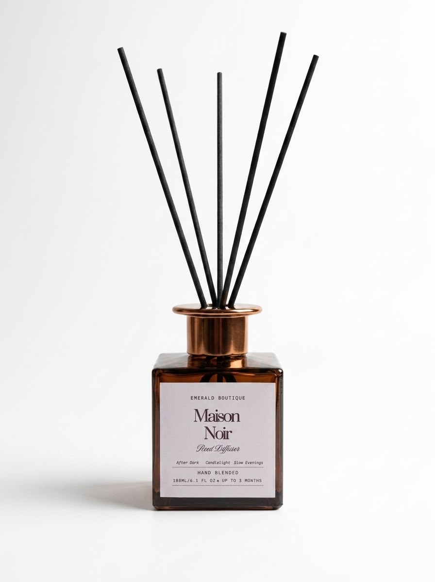 Maison Noir Reed Diffuser with a square amber glass bottle, a metallic rose gold collar, and six black reed sticks, set against a plain white background.